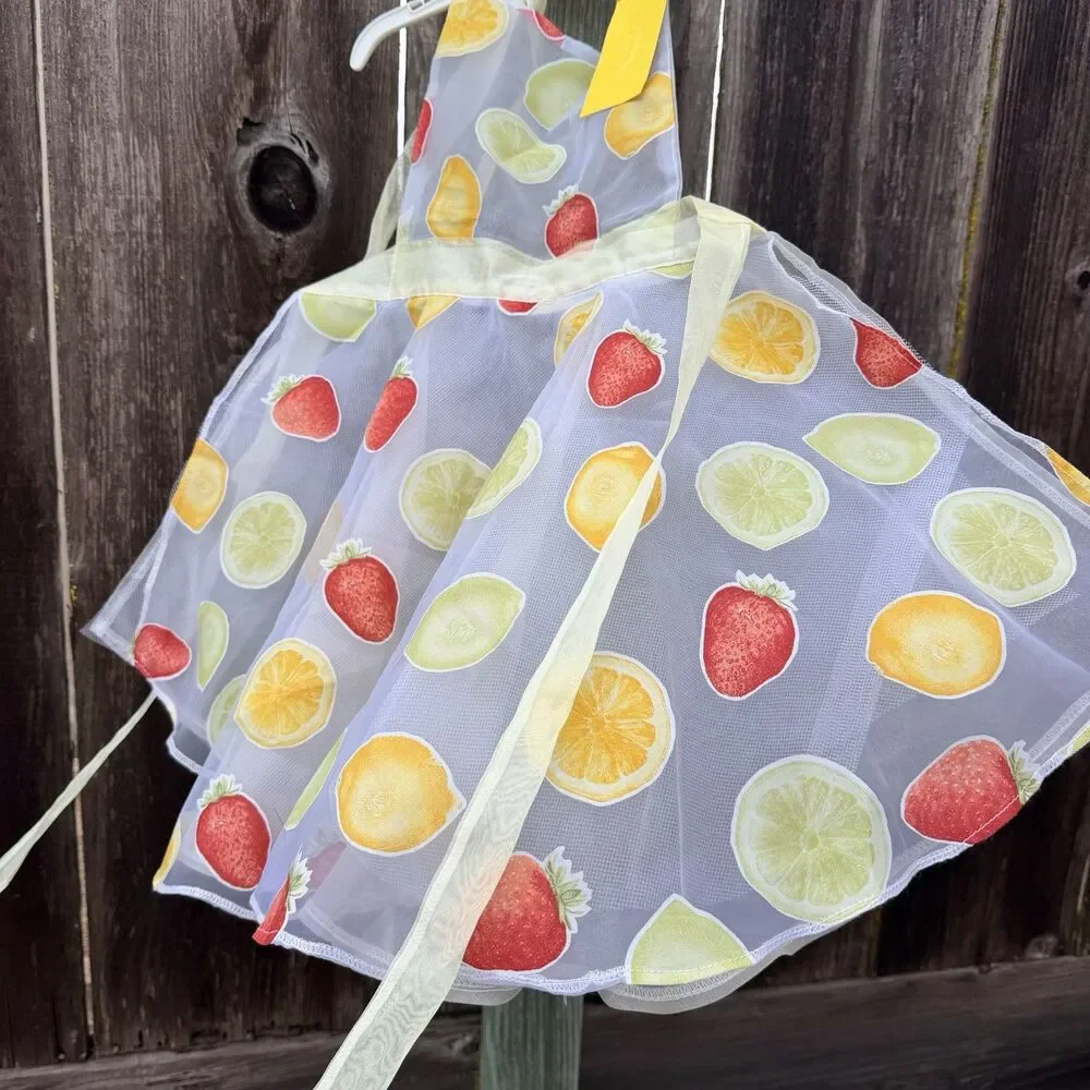 NWT PartyGirlAprons Sheer Fruit Print Hostess Apron Strawberry Lemon Citrus OS